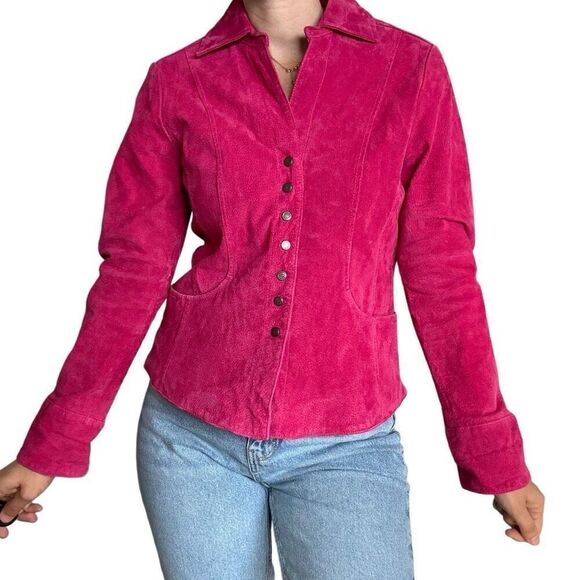 Christopher & Banks Pink Leather Jacket Size Medium Snap Closure Collared Trendy - Picture 10 of 10